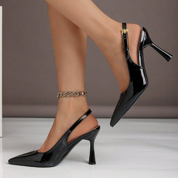 Black Elegant Women's High Heel Pointed Toe Button Lacquered Leather Slingback P - Picture 3 of 6